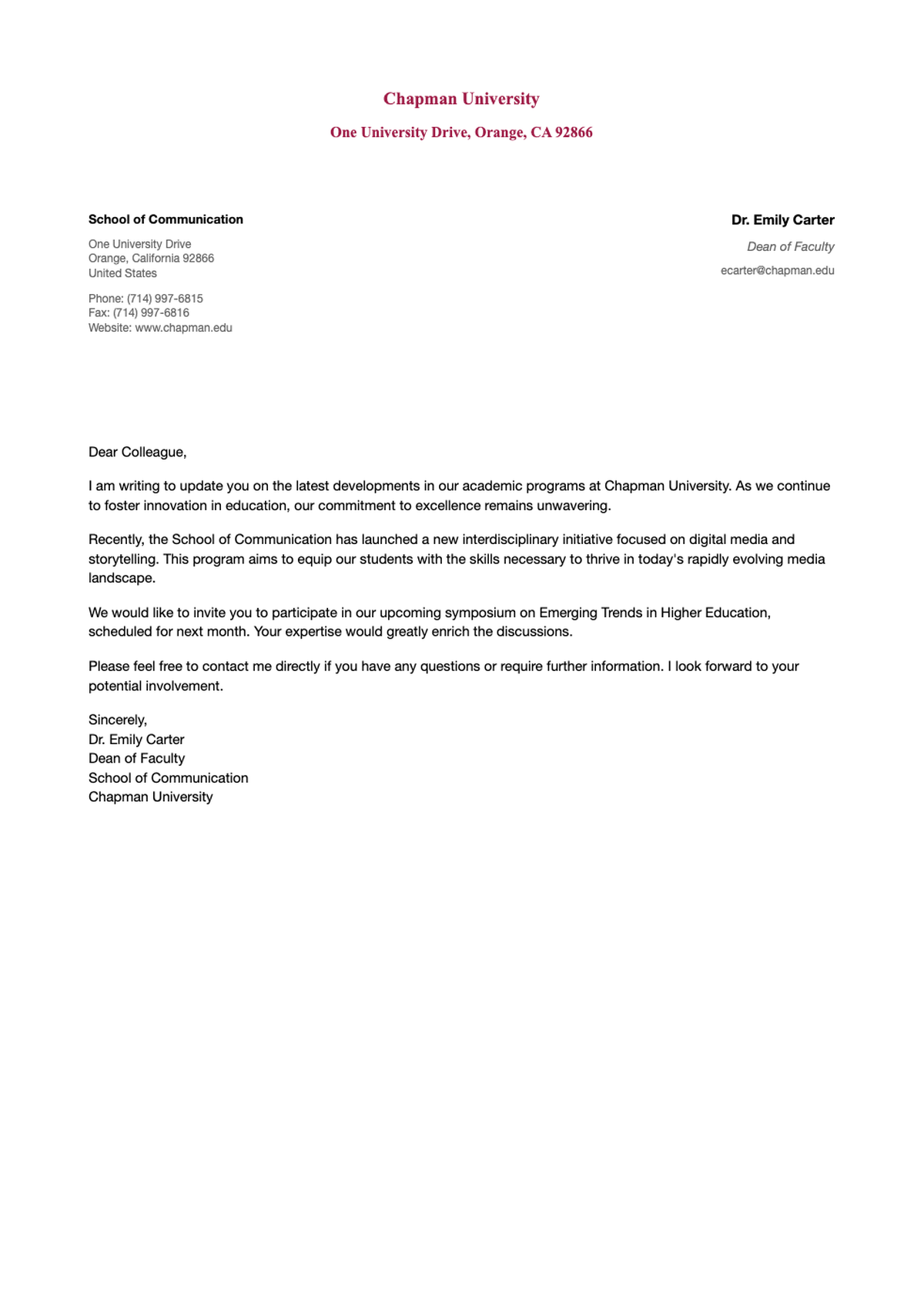 Chapman University official letterhead template with contact placeholders_variant_3